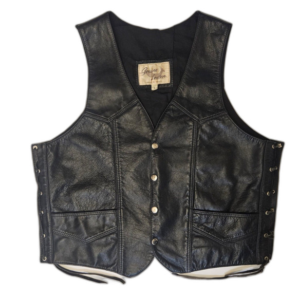 Leather Motorcycle Vest Black Adjustable Side Ties Pockets Mexico
